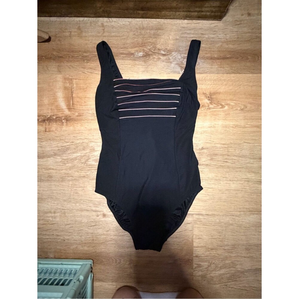 Vintage 90s Black One-Piece Swimsuit with Subtle Pink Stripes Barbiecore